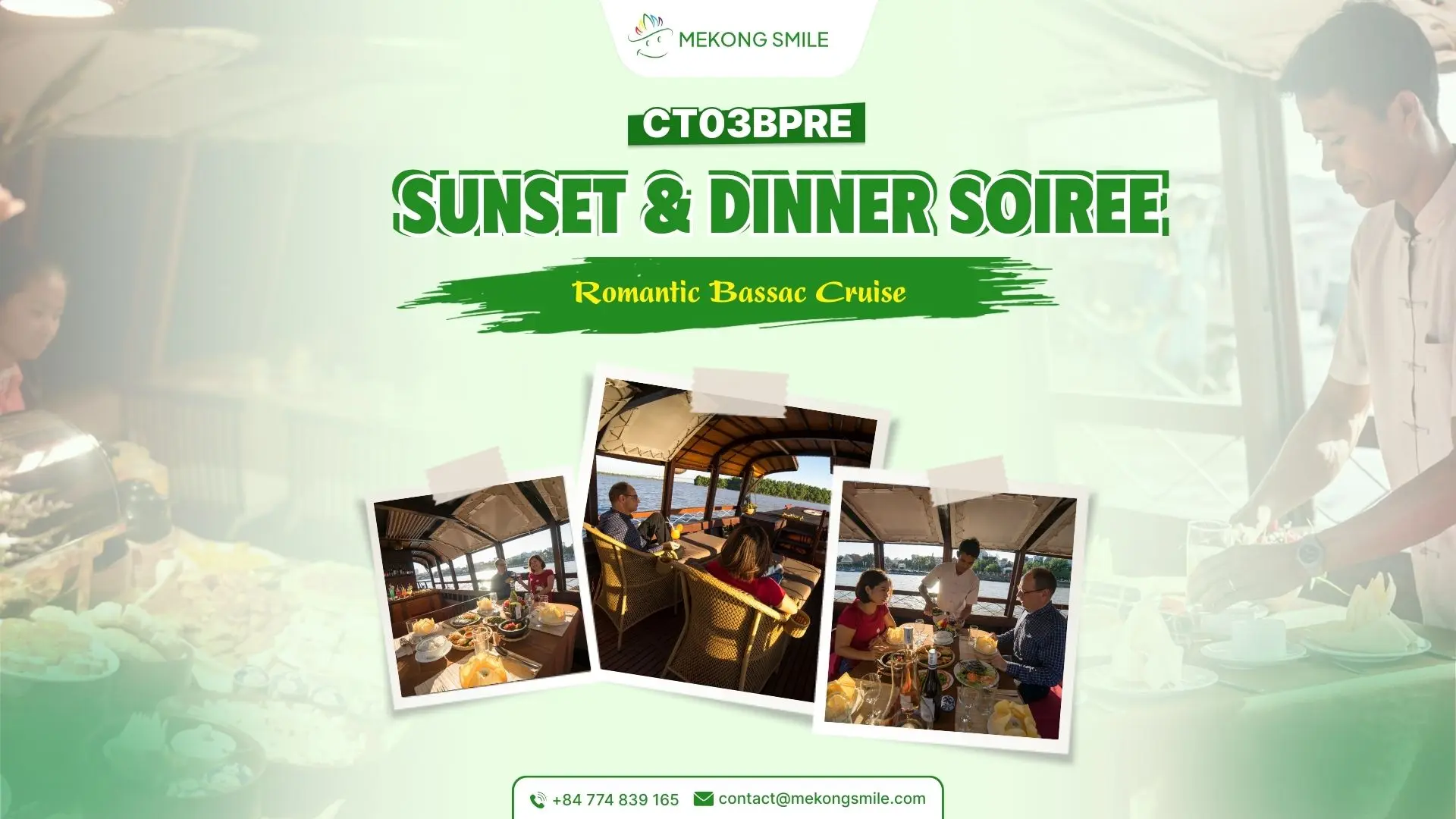 Mekong Smile Sunset & Dinner Soiree Tour featuring river sunset views and fine dining experience in Southern Vietnam