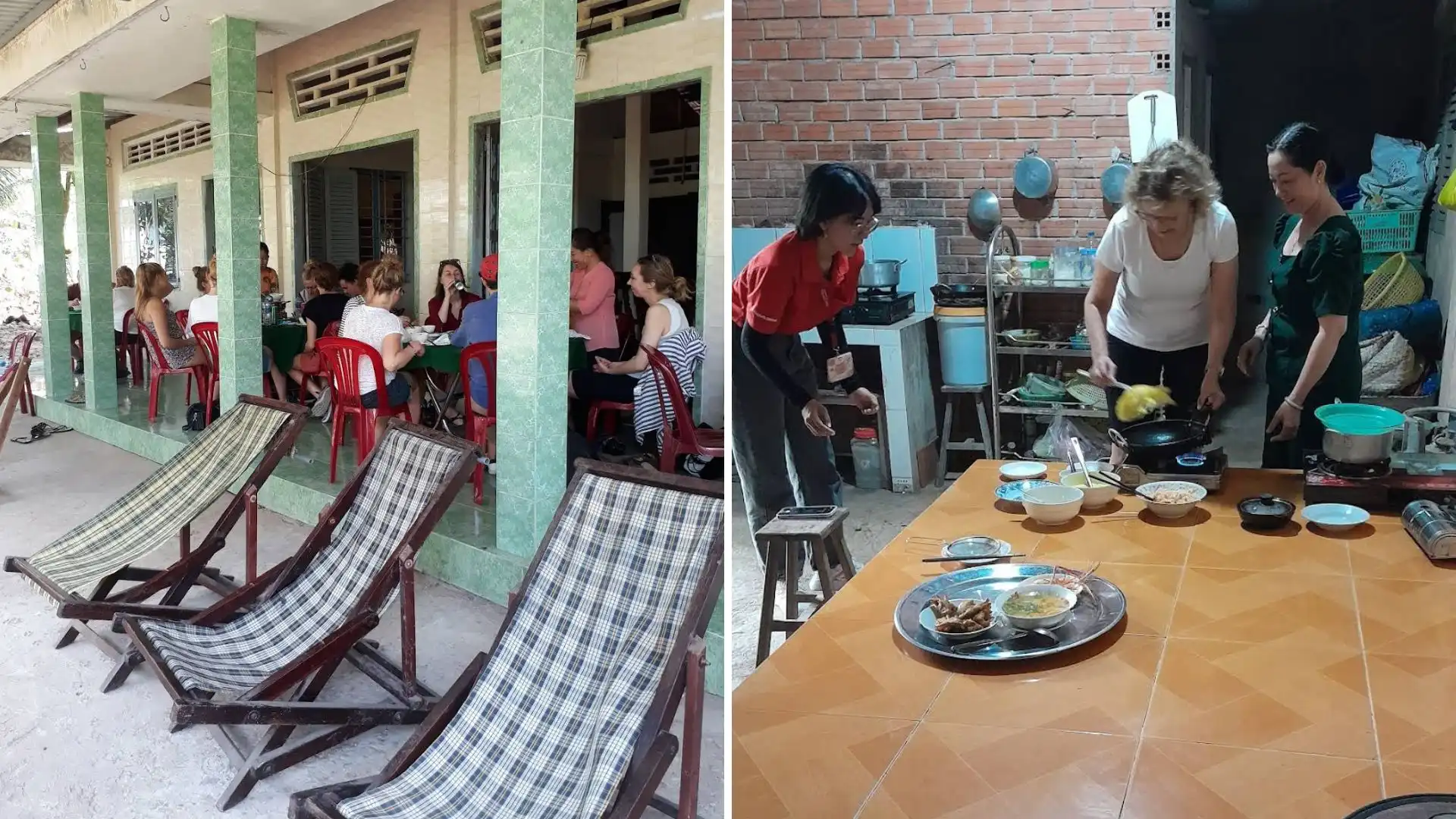 A split view showing a row of lounge chairs at a homestay and people preparing food in a kitchen on Tan Phong Islet