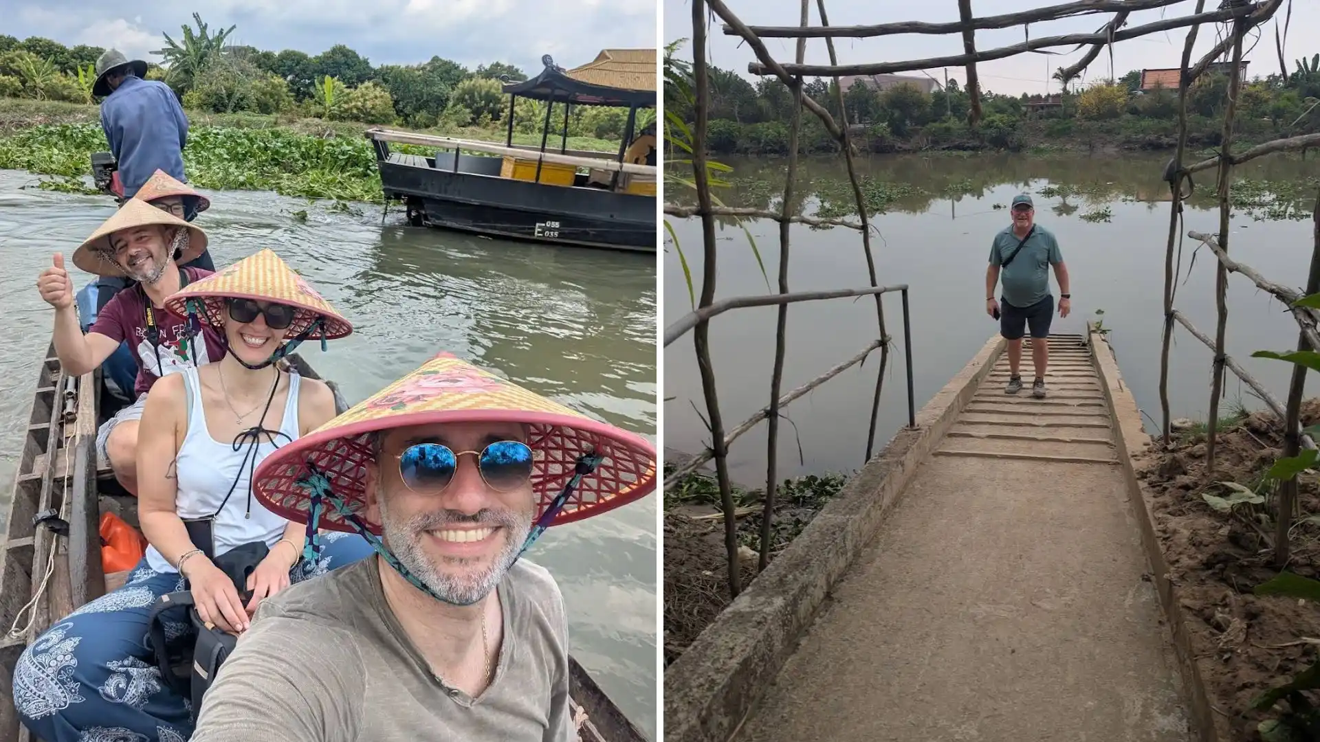 Tan Phong Islet: Cai Be’s Rambutan Kingdom & Eco-Paradise 168 A collage showing happy travelers in conical hats on a boat and a tourist walking across a bridge on Tan Phong Islet