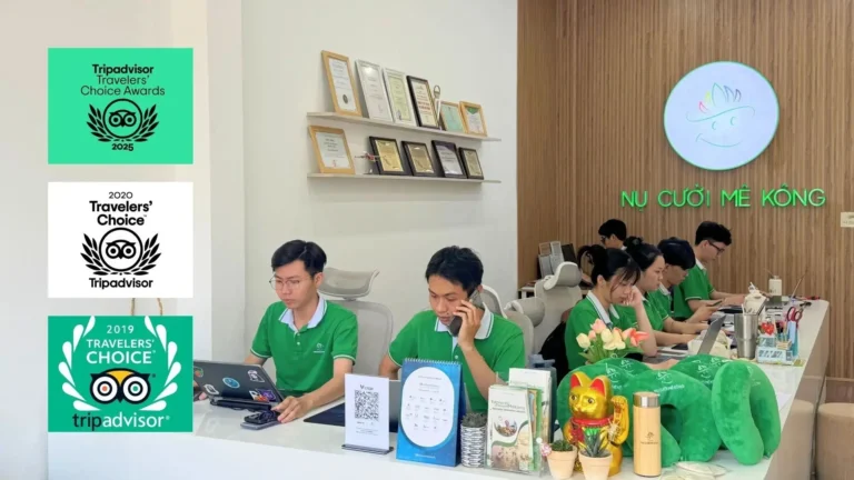 Mekong Smile office in Can Tho, showcasing a professional travel agency team serving visitors across the Mekong Delta