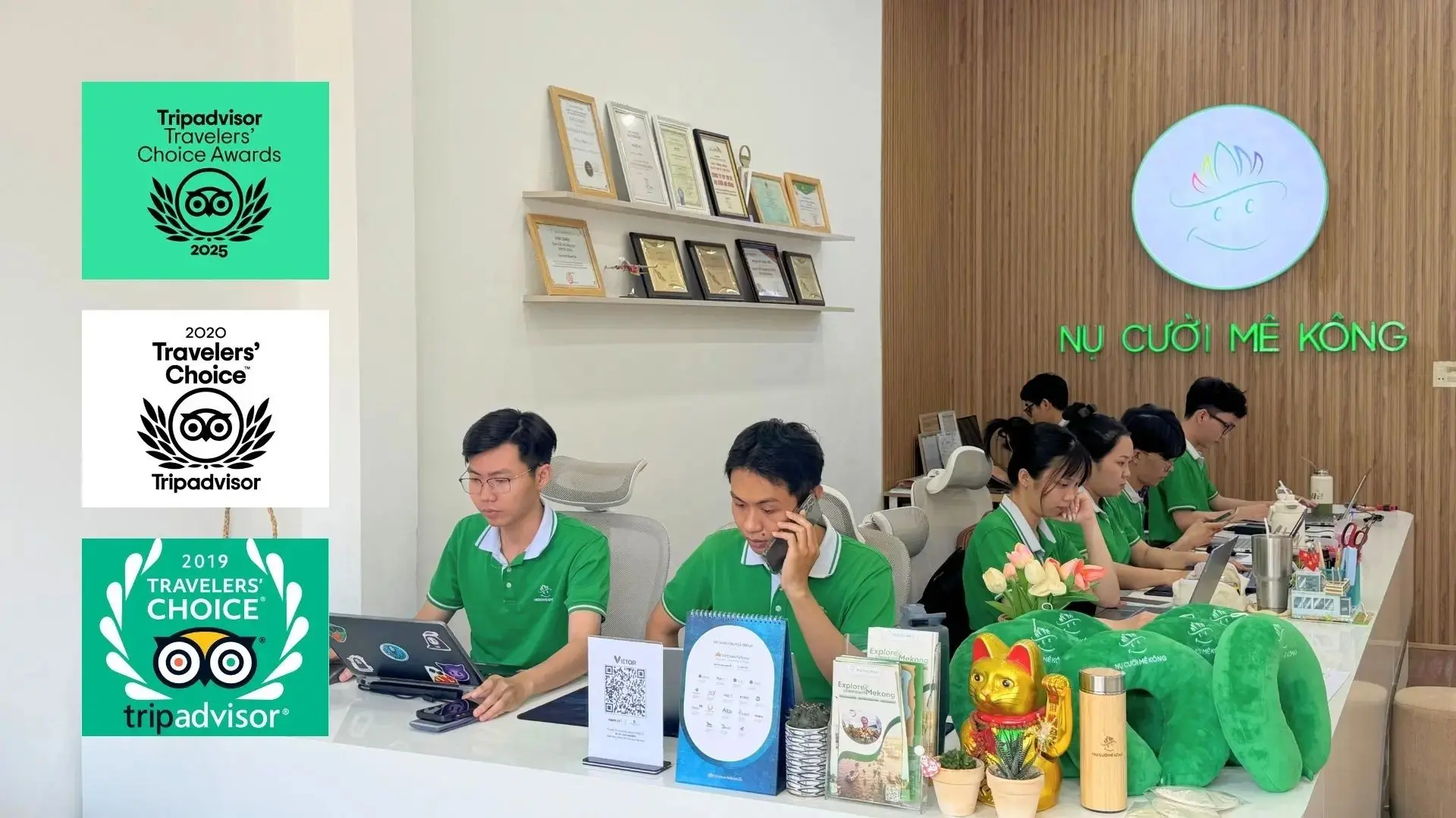 Best 10 Travel Agents in Mekong Delta 412 Mekong Smile office in Can Tho, showcasing a professional travel agency team serving visitors across the Mekong Delta