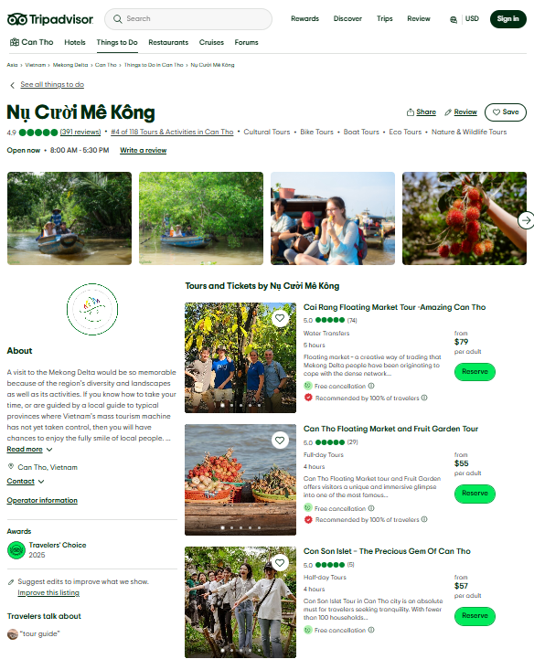 ripAdvisor Travellers’ Choice 2025 Award displayed at Mekong Smile office