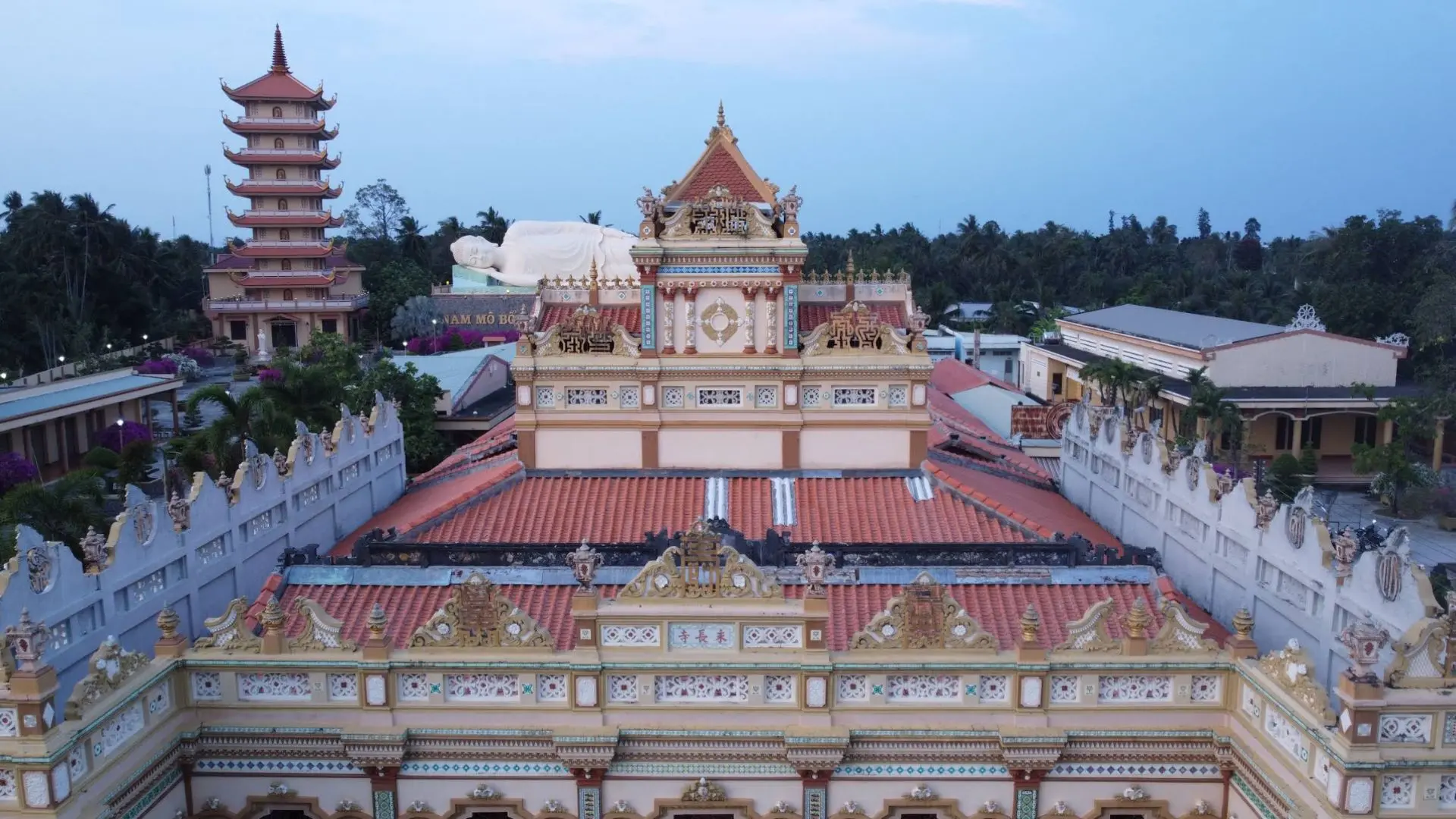 Aerial view of Vinh Trang Pagoda complex in My Tho, Tien Giang, Mekong Delta