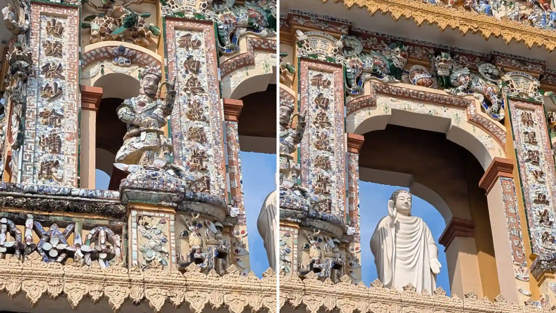 Detailed balcony sculptures and statues at Vinh Trang Pagoda in Tien Giang, Vietnam