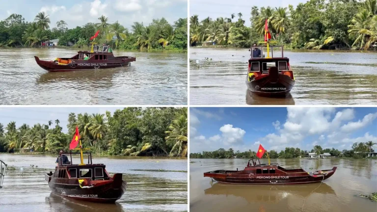Four views of a wooden boat with Mekong Smile branding on the Hau River in Can Tho