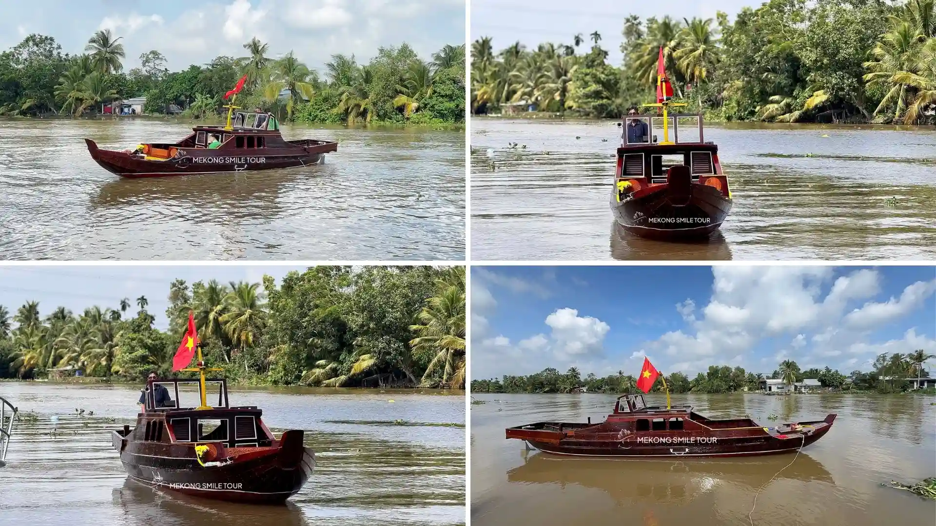 Mekong Smile Marks a Special Boat Launch on the Hau River 4 Four views of a wooden boat with Mekong Smile branding on the Hau River in Can Tho