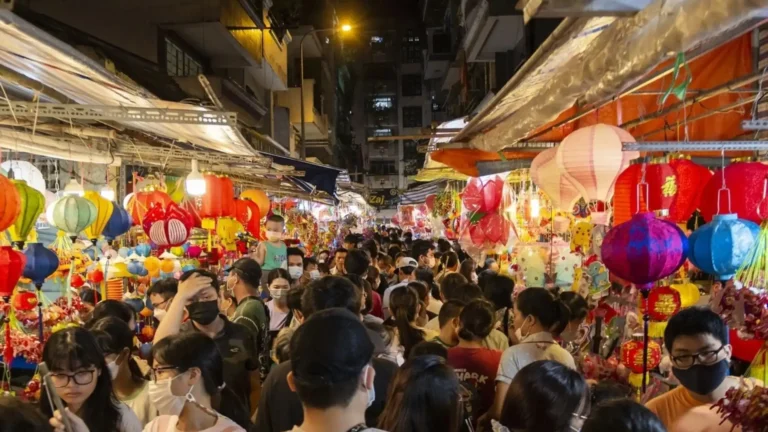Street decorated with colorful lanterns during the Mid-Autumn Festival in Ho Chi Minh City