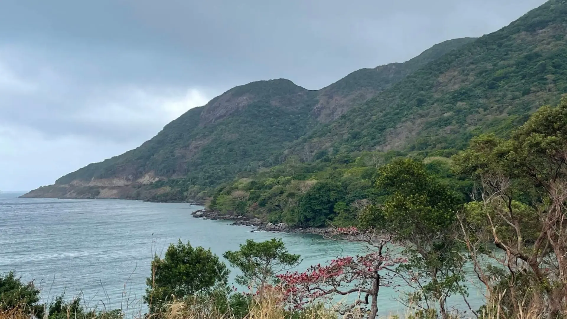 Mountain and coastal landscape of Con Dao National Park near Ong Cau Beach hiking route