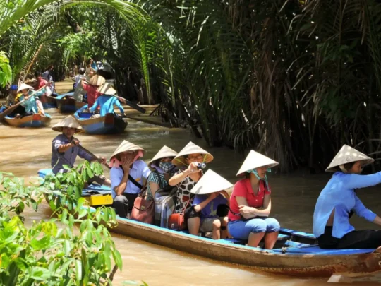 Narrow canal shaded by lush water coconut trees in My Tho Mekong Delta Tour