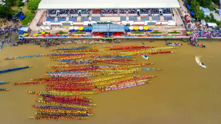 Aerial view of many Ngo boats gathering on the river during the Ooc Om Boc Festival in Can Tho