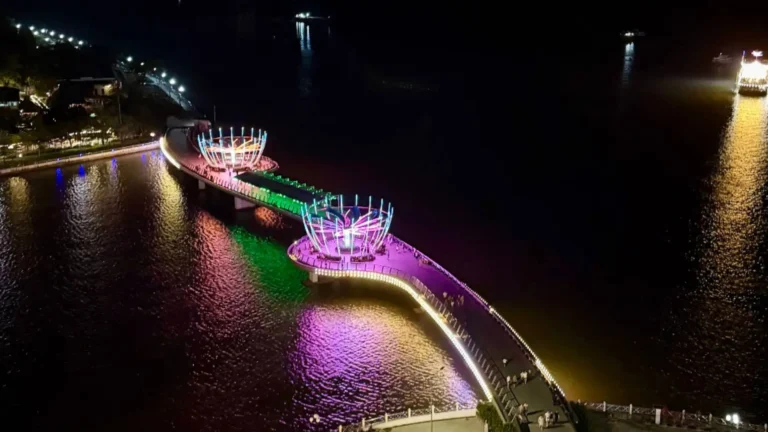 Ninh Kieu Pedestrian Bridge illuminated at night in Can Tho