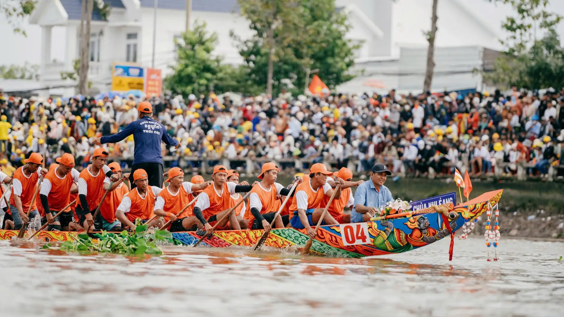 Ghe Ngo boat race during the Ok Om Bok Festival with vibrant Khmer decorations in Soc Trang