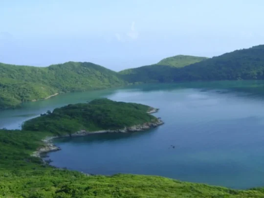 Panoramic view of Dam Tre lagoon Con Dao from the forest hiking route