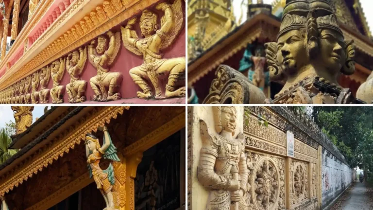 Close-up views of Khmer mythological sculptures and ornate carvings at Phu Ly Pagoda