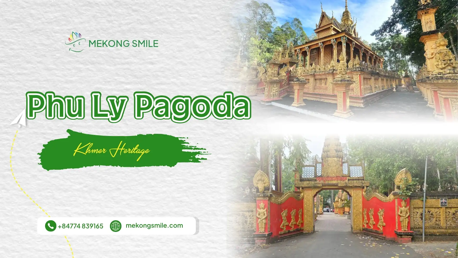 Phu Ly Pagoda travel guide cover featuring Khmer temple architecture and entrance gate in Vinh Long