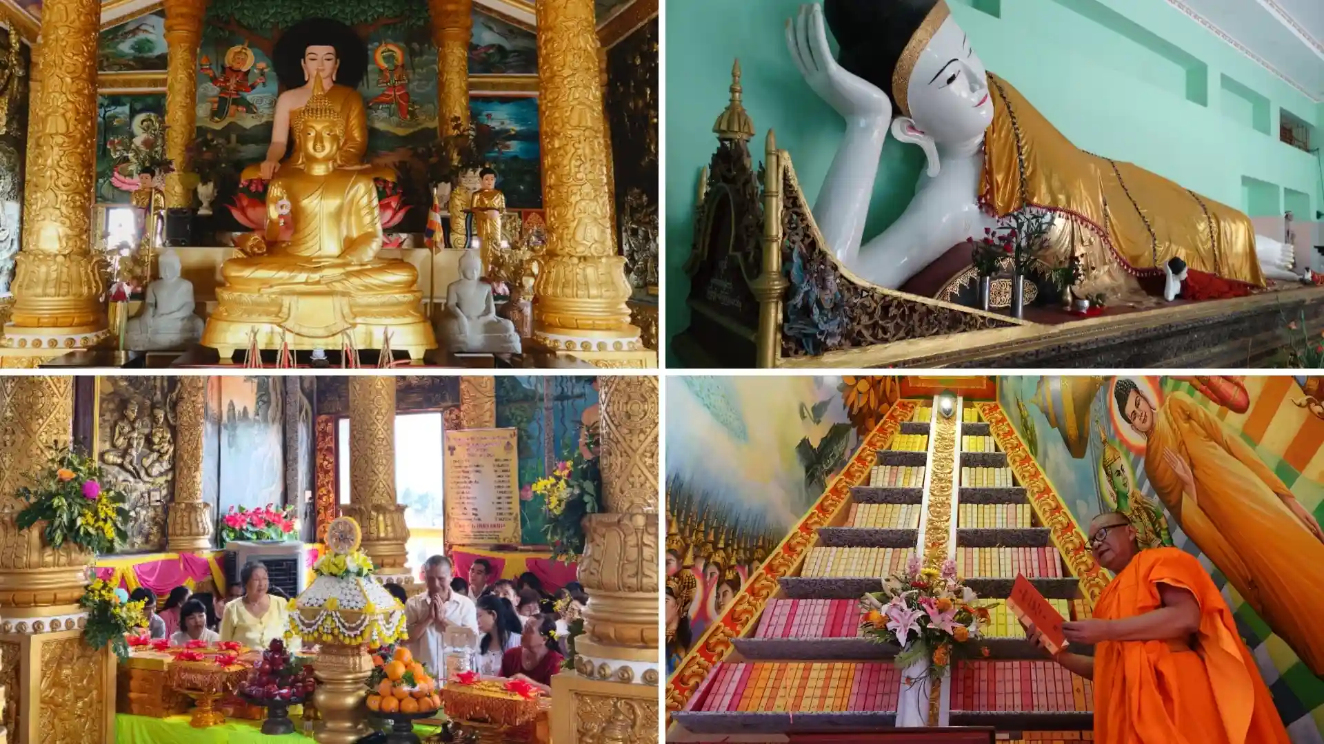 Pitu Khosa Rangsay Pagoda: A Khmer Cultural Landmark in Can Tho 10 Worship spaces and religious activities at Pitu Khosa Rangsay Pagoda, including Buddha statues, offerings, and a Buddhist monk.