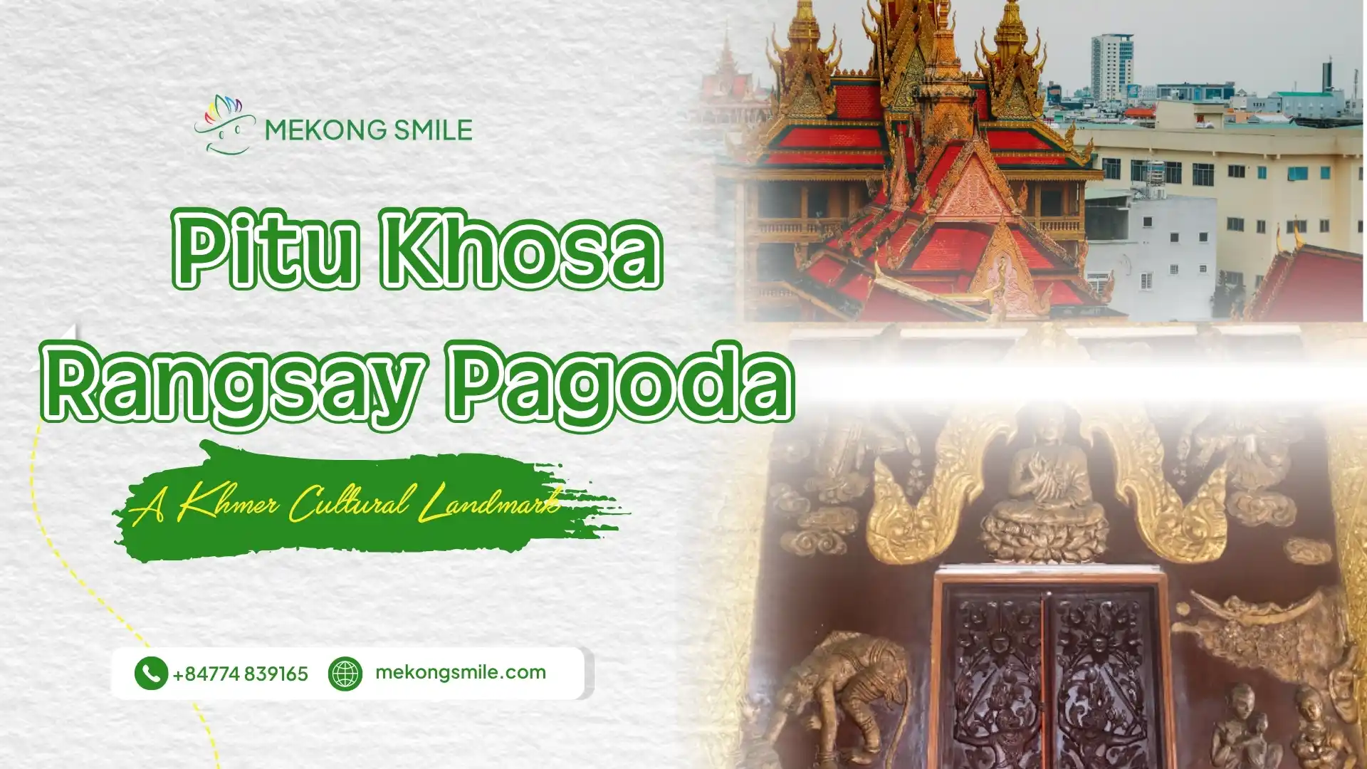 Pitu Khosa Rangsay Pagoda in Can Tho, featuring Khmer temple architecture and ornate golden carvings.