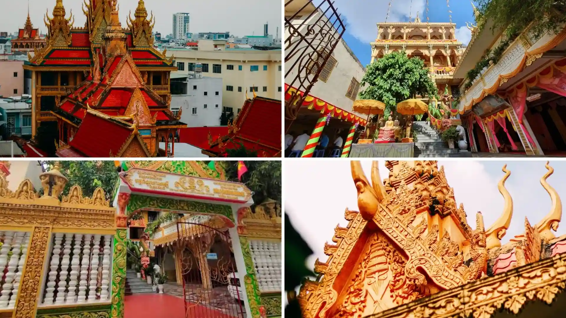 Pitu Khosa Rangsay Pagoda: A Khmer Cultural Landmark in Can Tho 6 Four views of Pitu Khosa Rangsay Pagoda showing colorful rooftops, the entrance gate, courtyard, and Khmer architectural details.