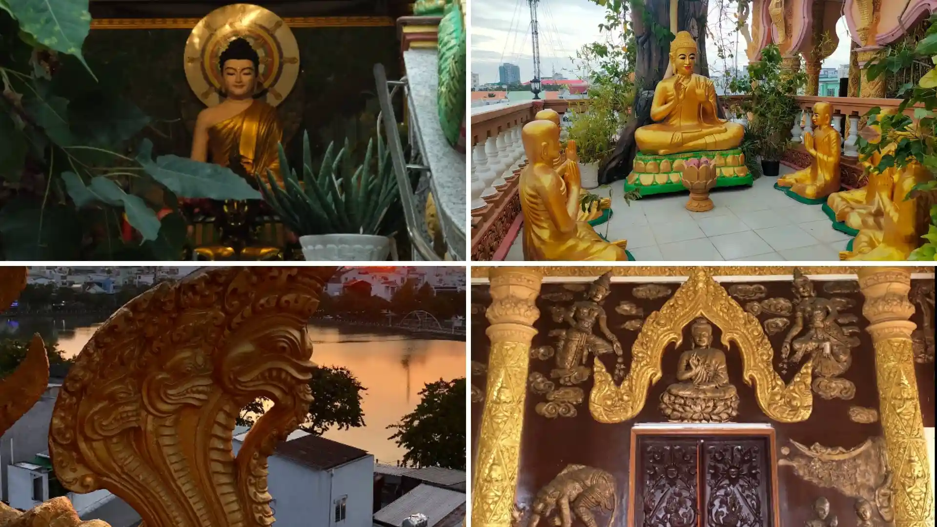 Pitu Khosa Rangsay Pagoda: A Khmer Cultural Landmark in Can Tho 8 Khmer Buddhist sculptures at Pitu Khosa Rangsay Pagoda, including Buddha statues, a Naga serpent figure, and gilded decorative carvings.