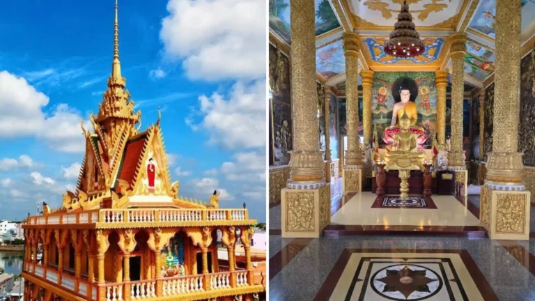 Exterior roof tower and interior sanctuary of Pitu Khosa Rangsay Pagoda, featuring golden Khmer decorations and a Buddha statue.