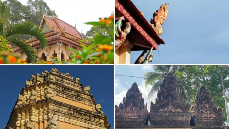 Four views of Khmer temple architecture, including decorated roofs, carvings and weathered structures