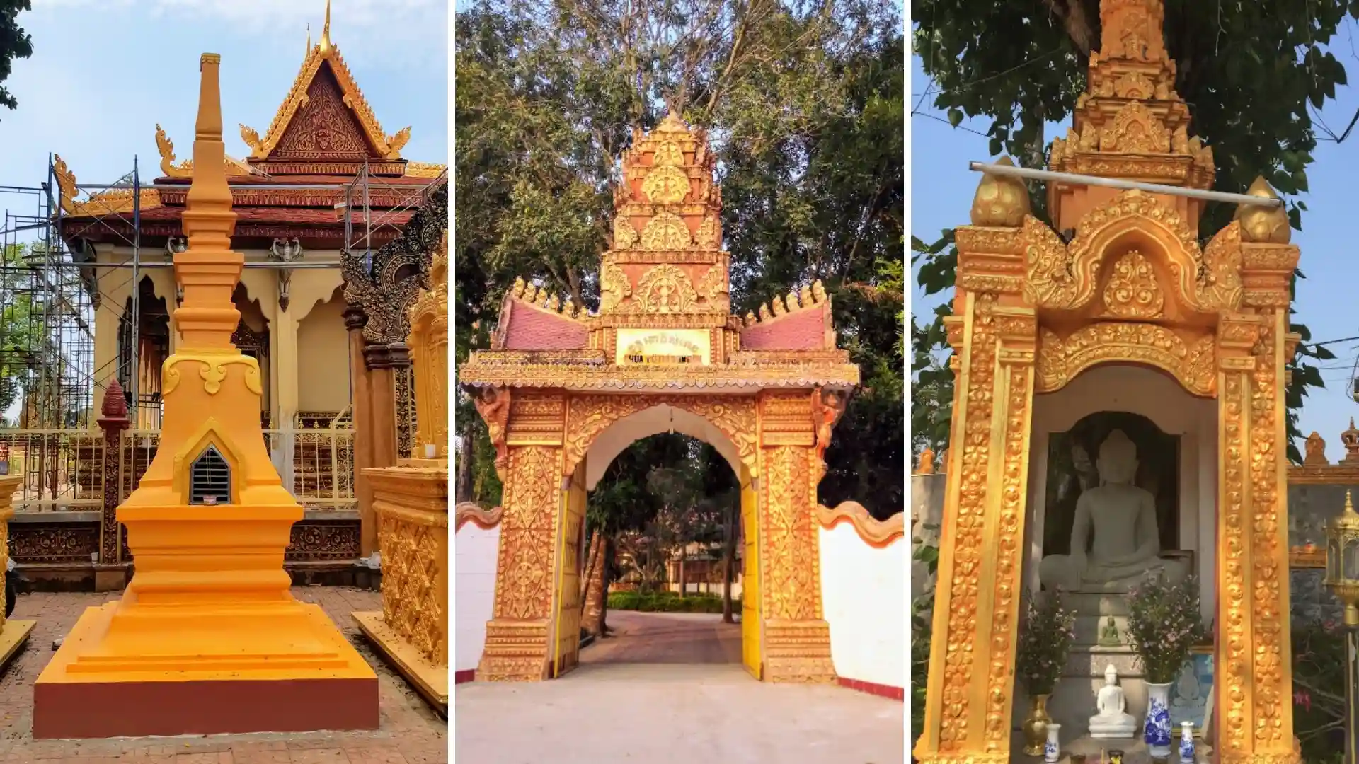Pothisomron Pagoda in Can Tho: History & Visitor Guide 7 Ornamental stupa, entrance gateway and Buddha shrine at Pothisomron Pagoda
