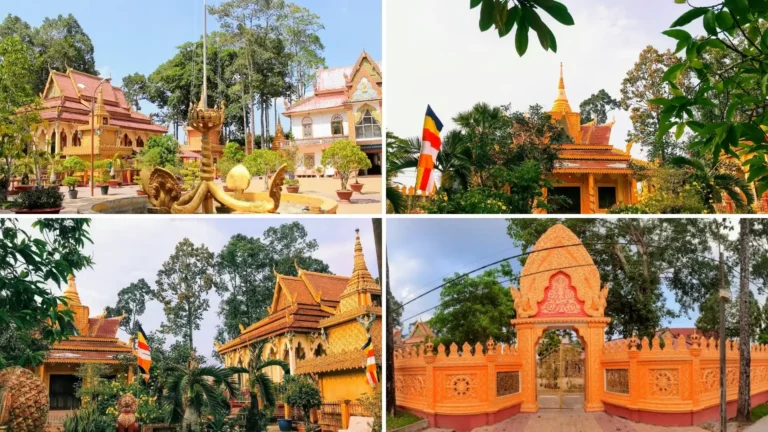 Four views of the temple grounds, courtyards, Khmer buildings and entrance at Pothisomron Pagoda