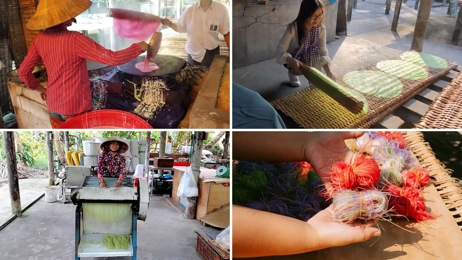The rice noodle-making process at Sau Hoai Factory – steaming, drying, and cutting by hand