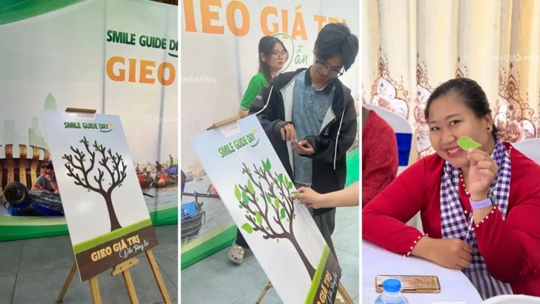 Participants add colorful leaves to a tree artwork during the Smile Guide Day 2026 event.