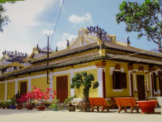 The ornate facade of the Binh Thuy Ancient Temple, a beautiful and historic landmark in Can Tho.