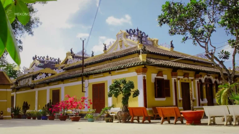 The ornate facade of the Binh Thuy Ancient Temple, a beautiful and historic landmark in Can Tho.