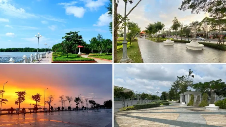 Four views of Song Hau Park showing riverside paths, landscaped areas and sunset scenery