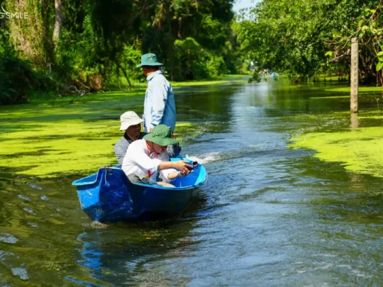 A shot of clear, pristine water in a canal, reflecting the surrounding green forest