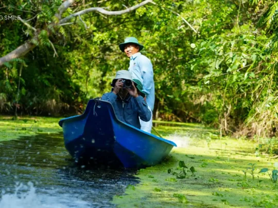 A tourist comfortably taking photos of the lush greenery and wildlife in the forest