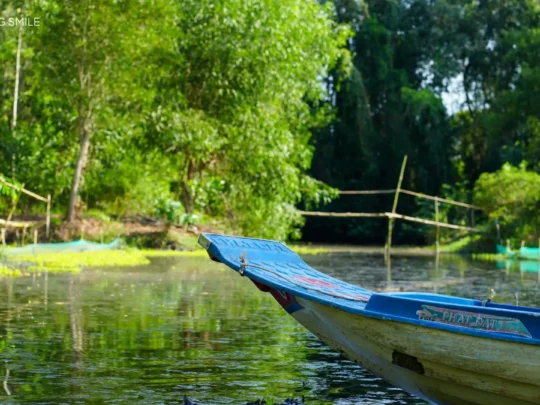 A tour group traveling through the forest on a traditional longboat