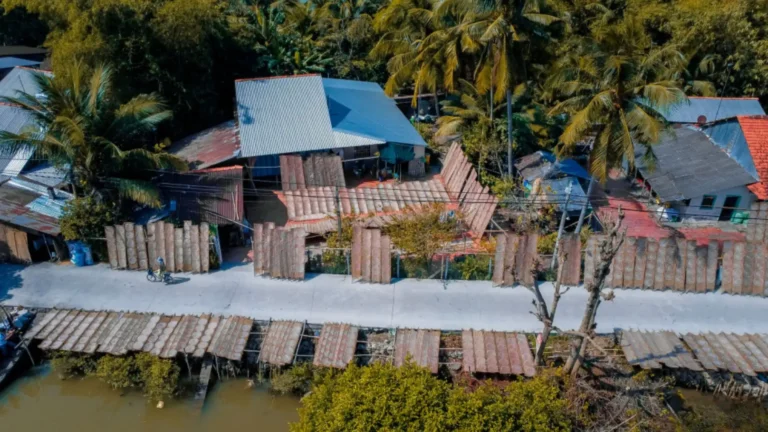 Aerial view of Thuan Hung Rice Paper Village along the Mekong Delta waterways in Can Tho