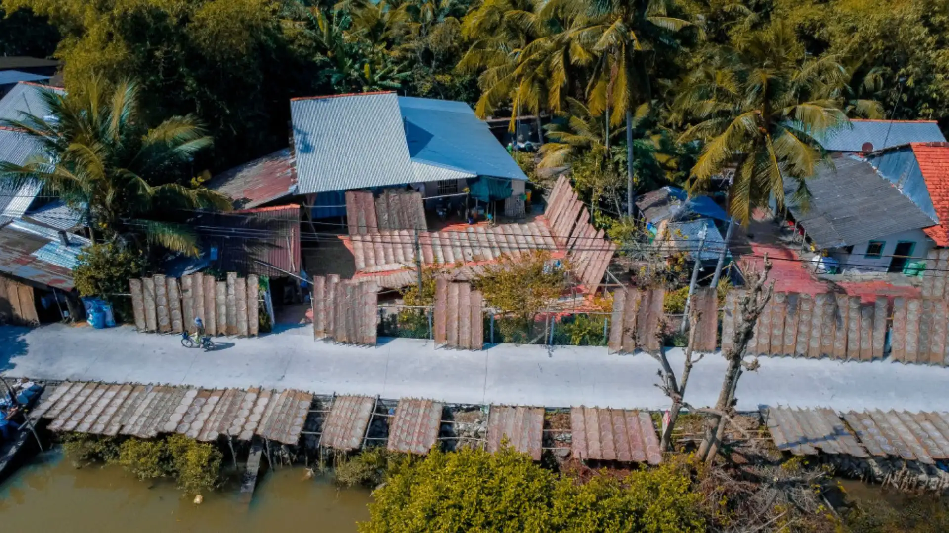 Aerial view of Thuan Hung Rice Paper Village along the Mekong Delta waterways in Can Tho