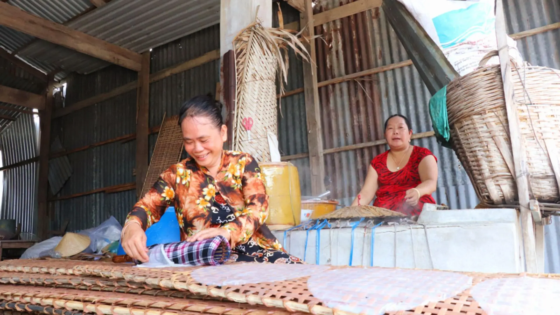 Traditional rice paper workshop scene at Thuan Hung Rice Paper Village in Can Tho