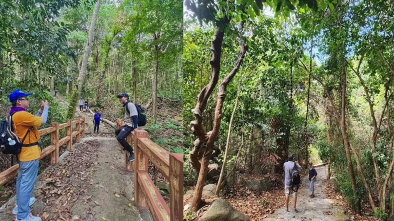 Tourists taking photos while hiking.