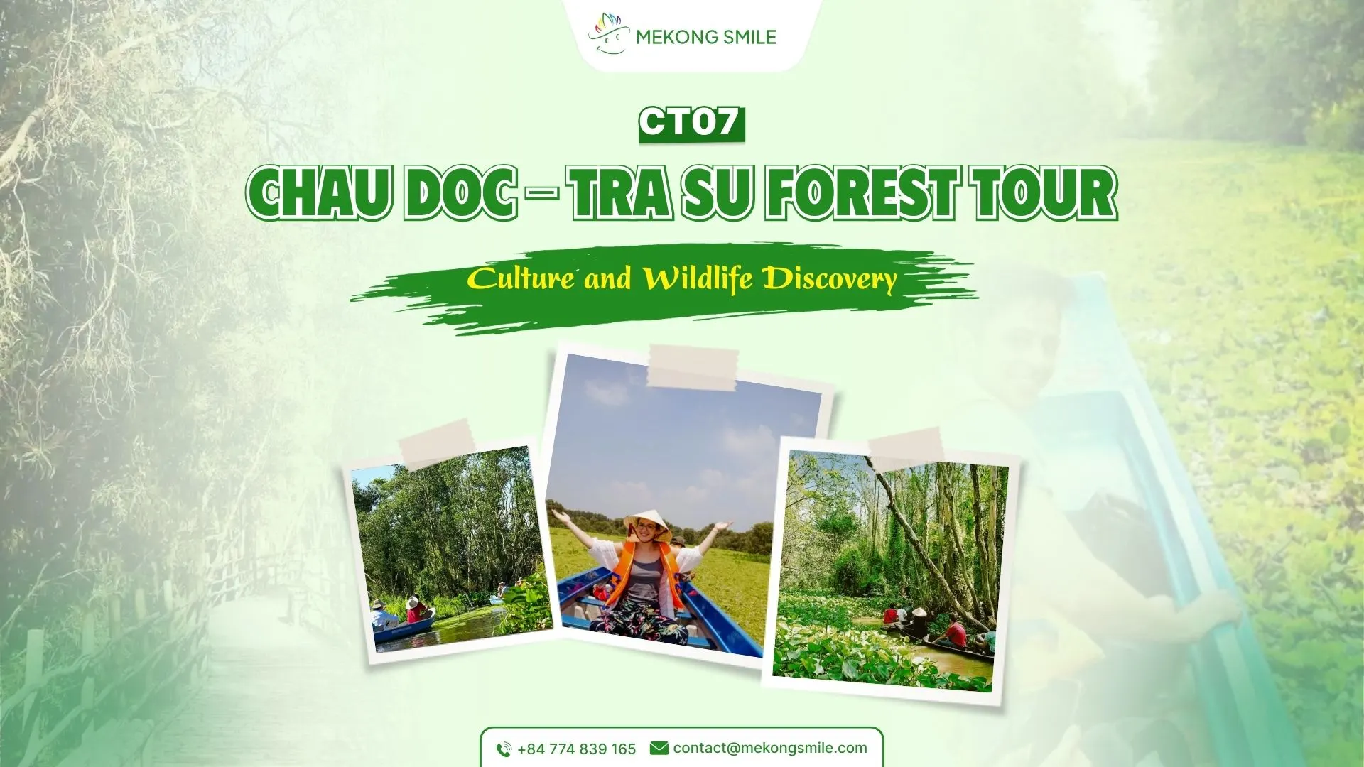 A photo of a sampan gliding through a green, duckweed-covered canal in Tra Su Forest