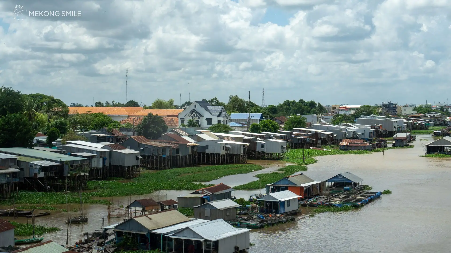 A view of the bustling Chau Doc Floating Village from a cruise boat, showcasing local river life
