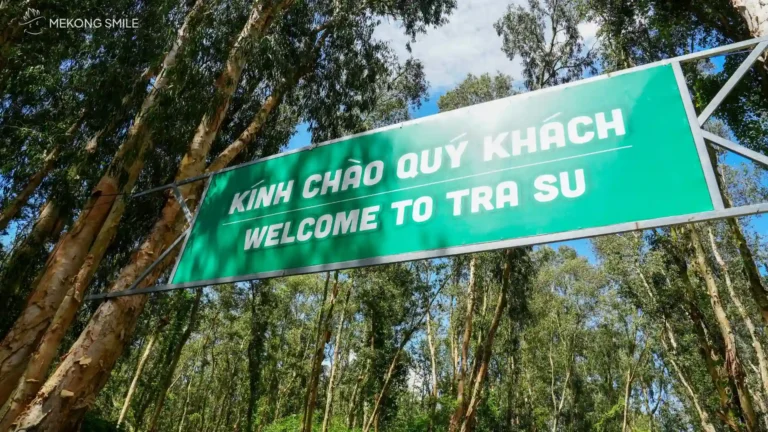 The welcome sign at Tra Su Forest, inviting visitors to explore the ecotourism area