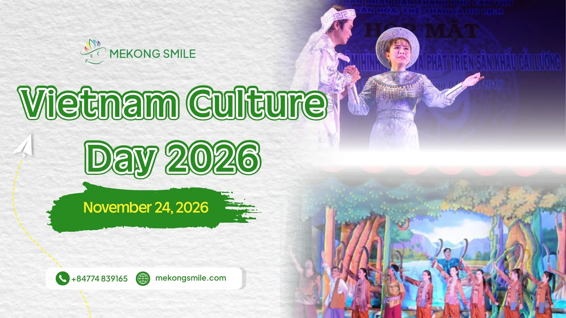 Mekong Smile Vietnam Culture Day 2026 cover featuring traditional Cai Luong and Khmer Du Ke theater performances.