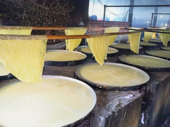 Sheets of fresh tofu skin hanging to dry in the traditional method at a Vinh Long workshop