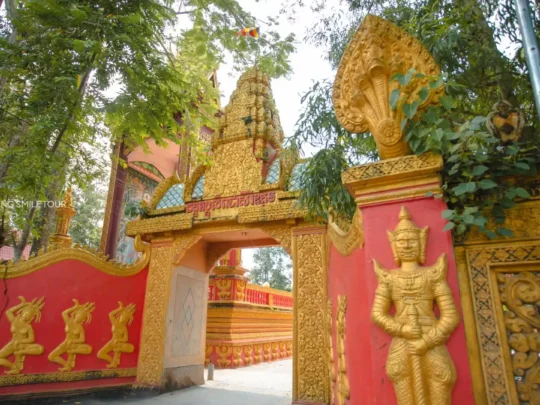 A detailed view of a pagoda wall showcasing characteristic Khmer architectural patterns during the Vinh Long tour