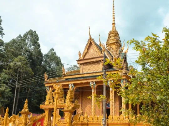 A wide shot of the magnificent Phu Ly Pagoda, a cultural highlight of the Me Kong Smile tour in Vinh Long