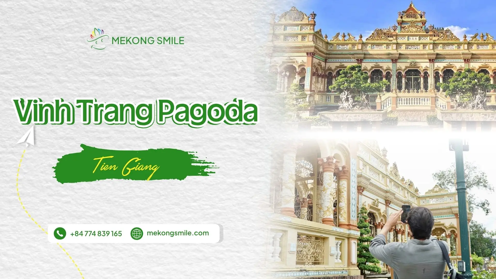 A wide view of the intricate architecture of Vinh Trang Pagoda in Tien Giang, showcasing Buddhist statues and detailed carvings