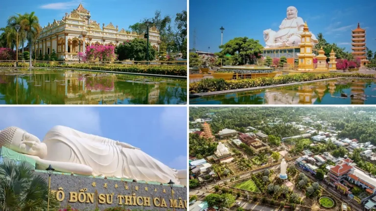 Vinh Trang Pagoda architecture and Buddha statues near My Tho