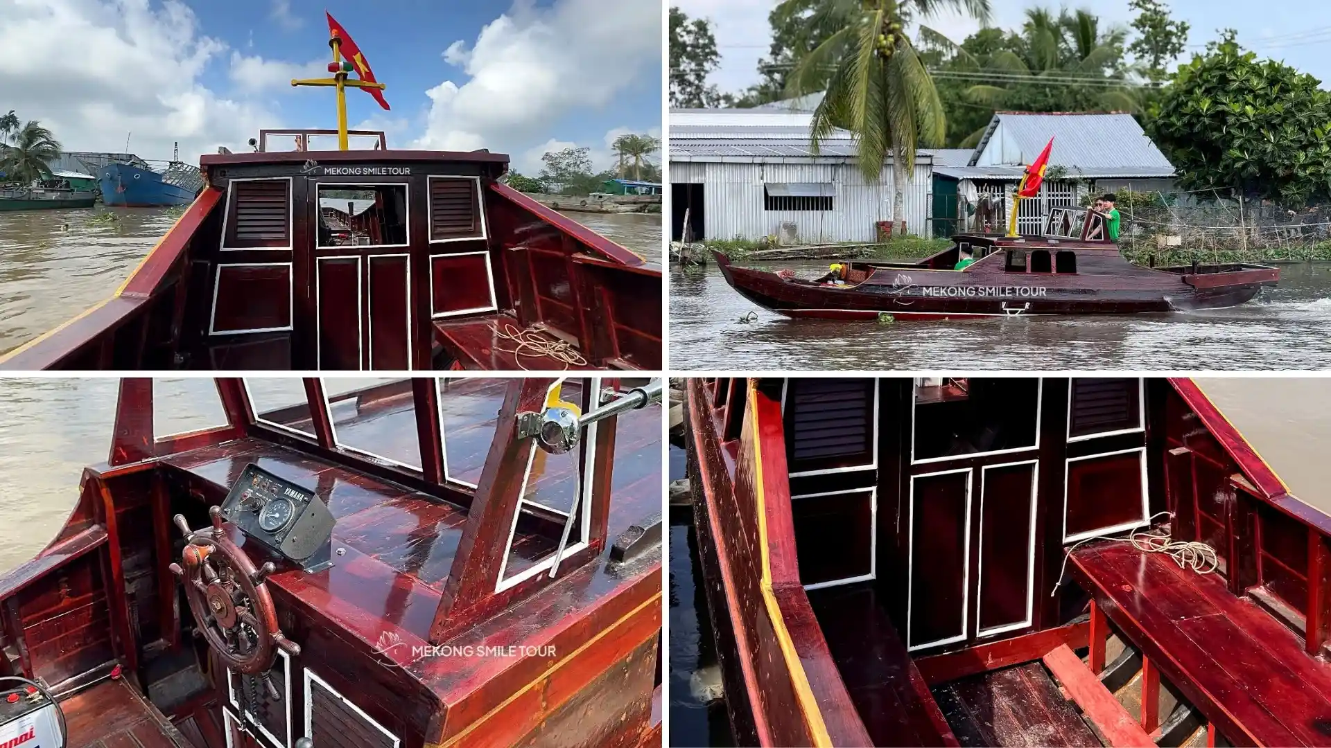 Mekong Smile Marks a Special Boat Launch on the Hau River 3 Four photos showing the wooden boat's cabin, steering controls, and interior during the Mekong Smile boat launch